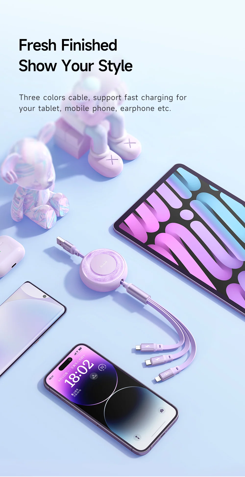 MCDODO CA-357 MDD for iPhone 15 Series 3-in-1 Retractable Charging Cable Lightning Type-C Micro USB for iPhone, Android - Purple 7