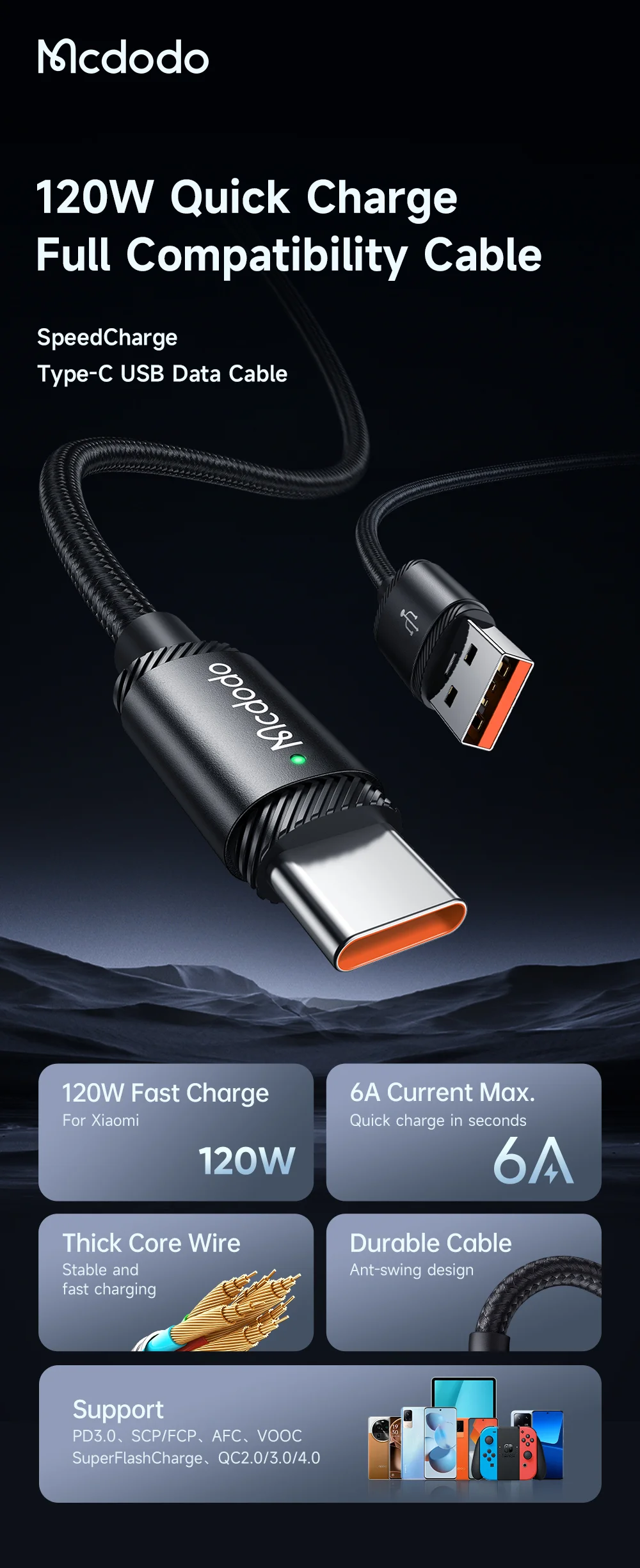 MCDODO CA-4730 MDD for iPhone 15 Series 1.5m USB-A to Type-C Fast Charging Cable 120W Data Transmission Nylon Braided Cord - Black 1