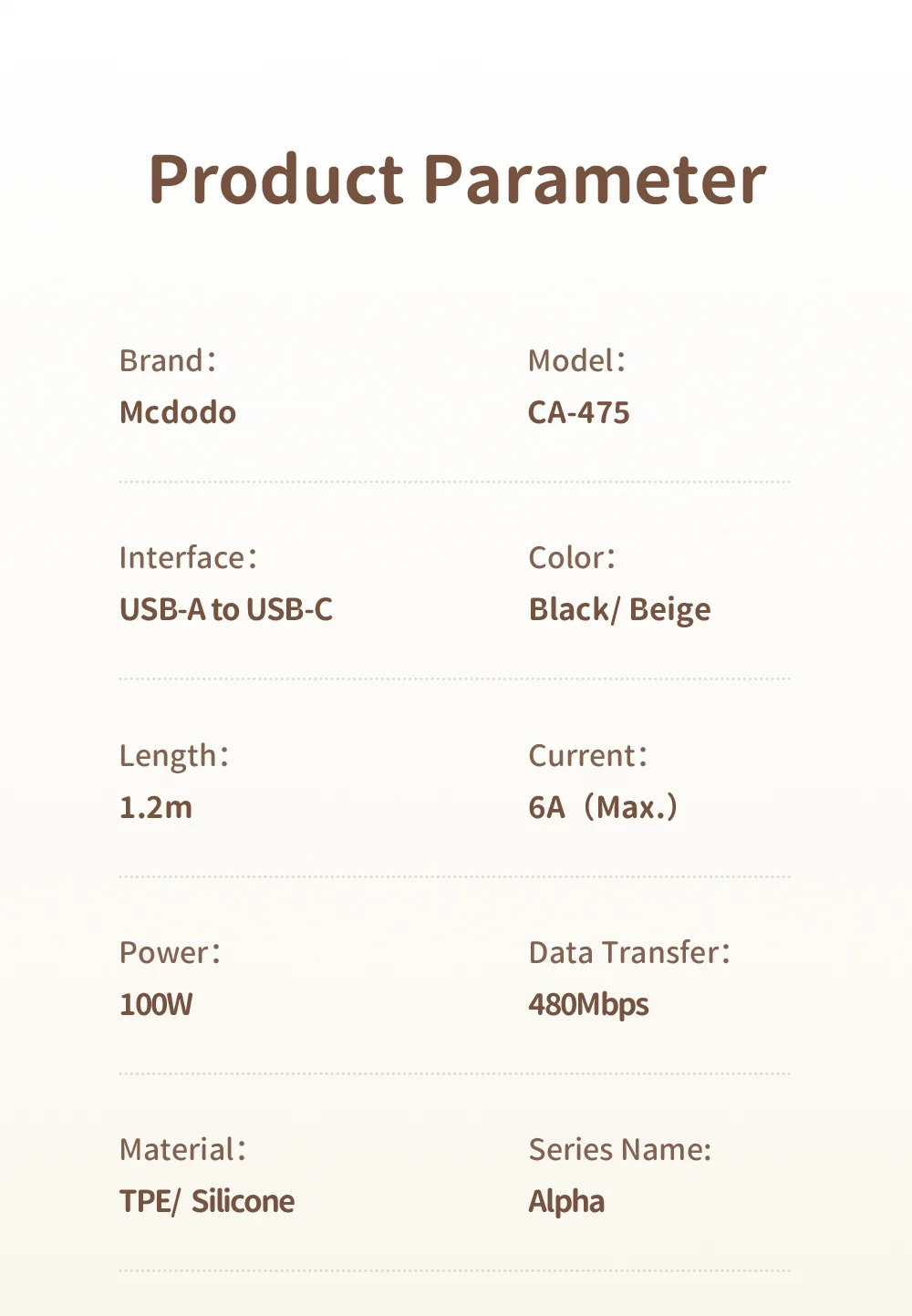 MCDODO Alpha Series CA-475 1.2m USB-A to Type-C Charging Cable 6A Silicone Data Transfer Cord - Beige 17