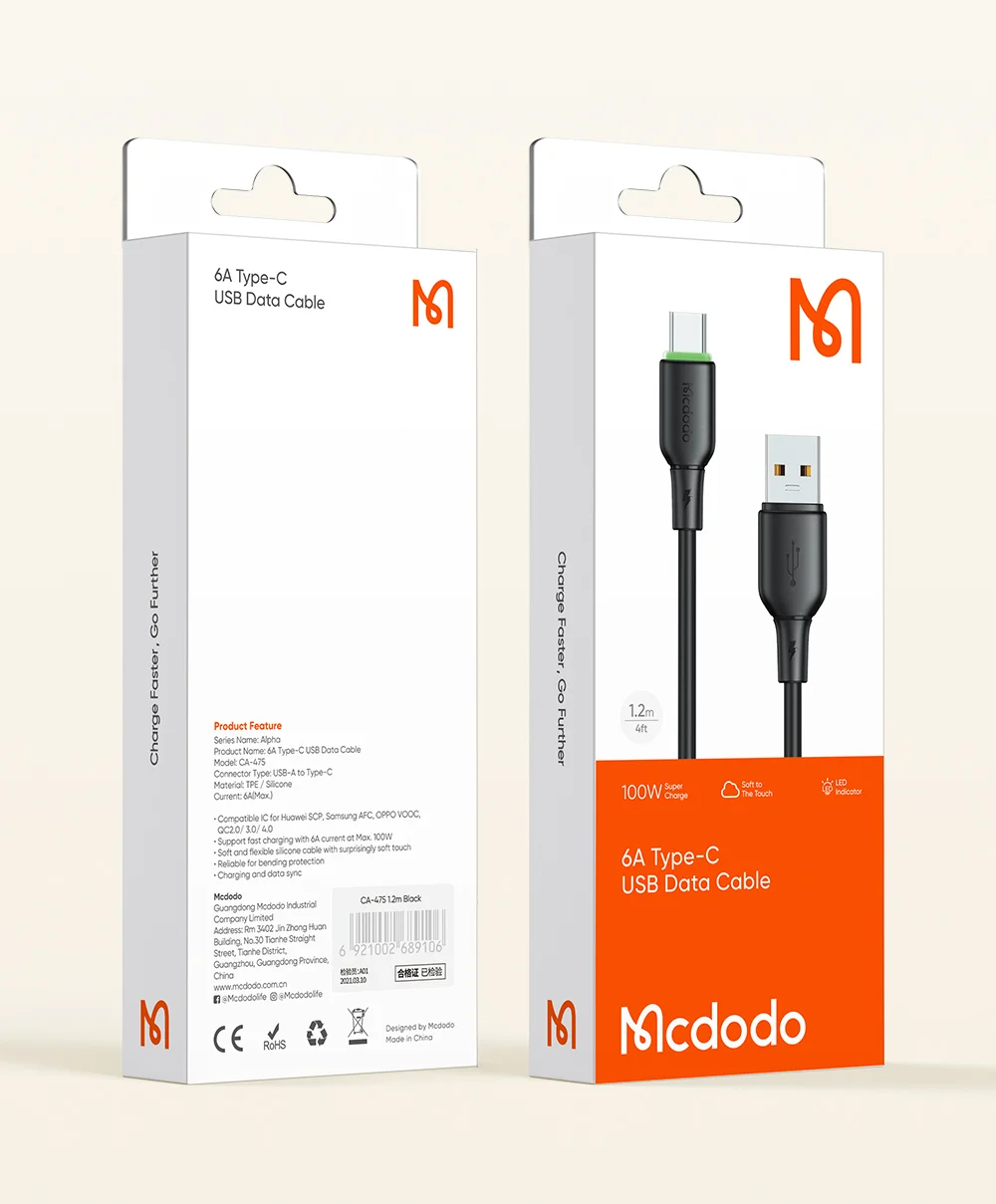 MCDODO Alpha Series CA-475 1.2m USB-A to Type-C Charging Cable 6A Silicone Data Transfer Cord - Beige 18