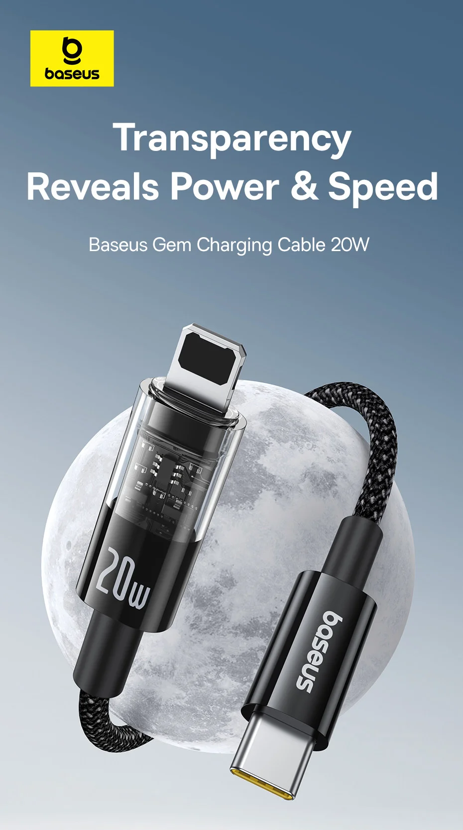 BASEUS Gem Fast Charging Cable 1m PD 20W Type-C to iP Braided Phone Data Cord - Black 1