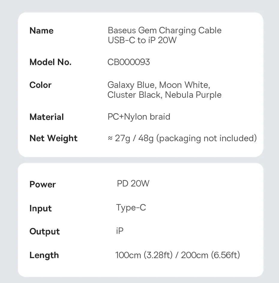 BASEUS Gem Fast Charging Cable 1m PD 20W Type-C to iP Braided Phone Data Cord - Black 15
