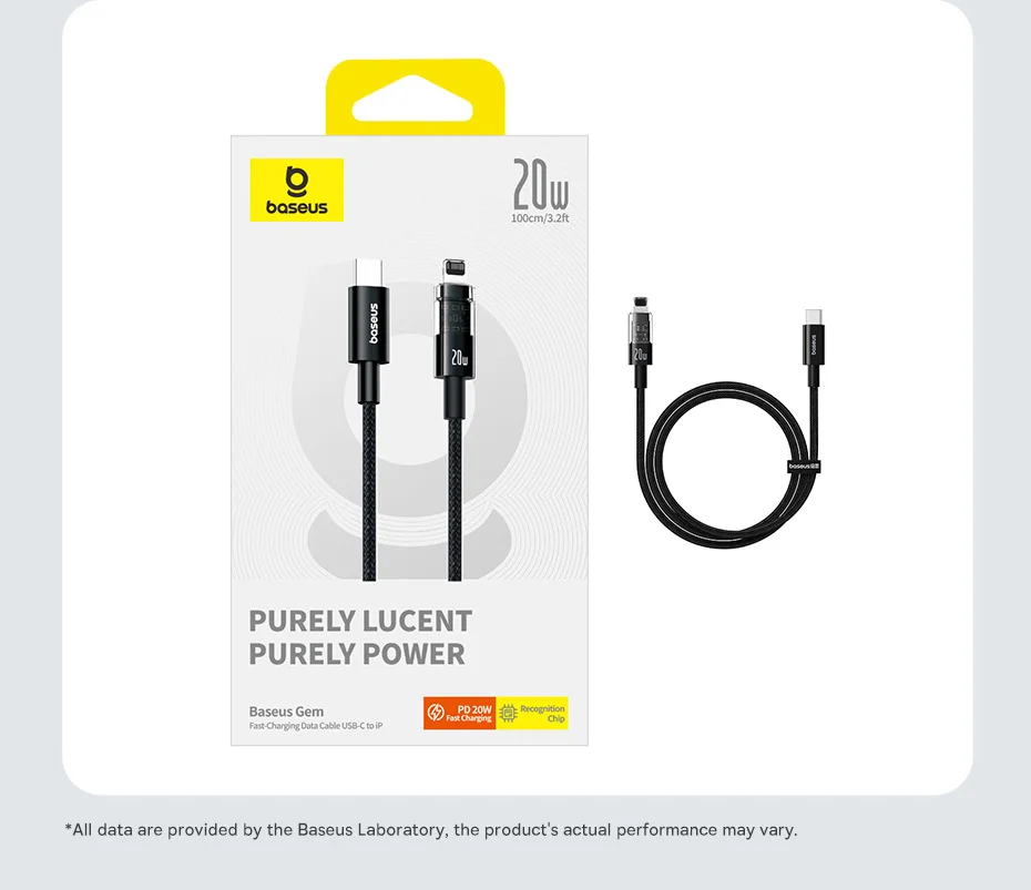 BASEUS Gem Fast Charging Cable 1m PD 20W Type-C to iP Braided Phone Data Cord - Black 16