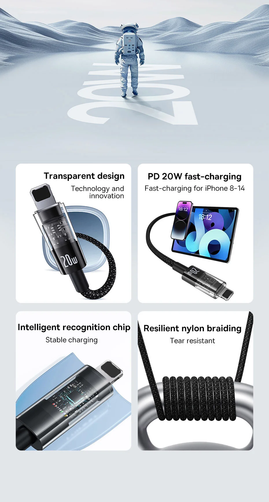 BASEUS Gem Fast Charging Cable 1m PD 20W Type-C to iP Braided Phone Data Cord - Black 2