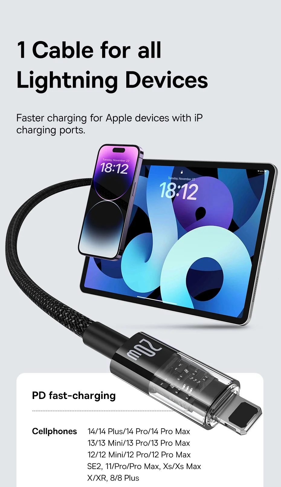 BASEUS Gem Fast Charging Cable 1m PD 20W Type-C to iP Braided Phone Data Cord - Black 6