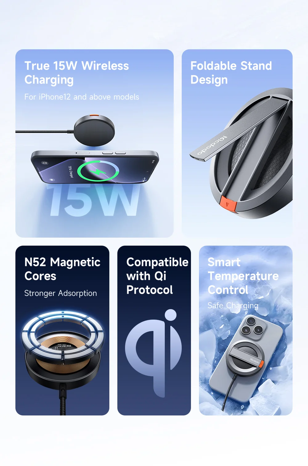 MCDODO CH-550 15W Magnetic Phone Wireless Charger with Foldable Stand 2