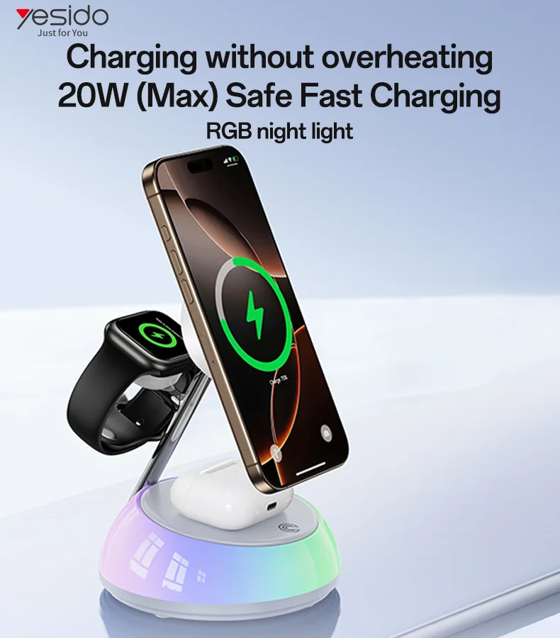 YESIDO DS31 3 in 1 Wireless Charging Station Phone Watch Earphone Magnetic Wireless Charger with Night Light 1
