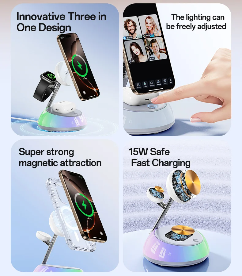 YESIDO DS31 3 in 1 Wireless Charging Station Phone Watch Earphone Magnetic Wireless Charger with Night Light 2