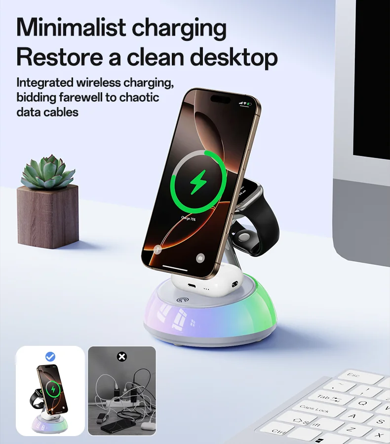 YESIDO DS31 3 in 1 Wireless Charging Station Phone Watch Earphone Magnetic Wireless Charger with Night Light 3