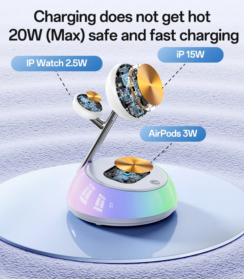 YESIDO DS31 3 in 1 Wireless Charging Station Phone Watch Earphone Magnetic Wireless Charger with Night Light 9