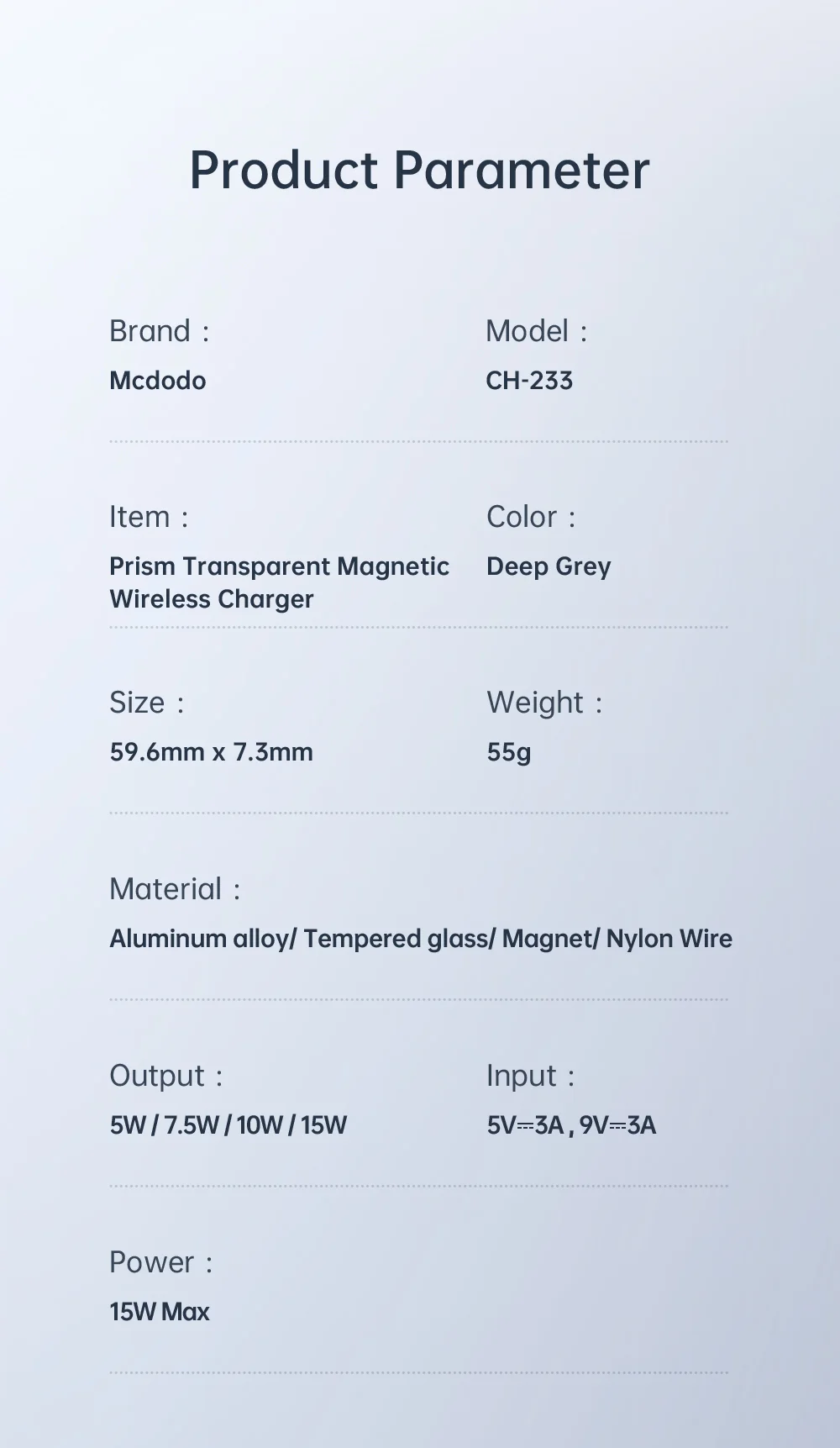 MCDODO CH-2330 MDD Prism Series 15W Transparent Magnetic Wireless Charger Phone Charging Pad - Dark Grey 17