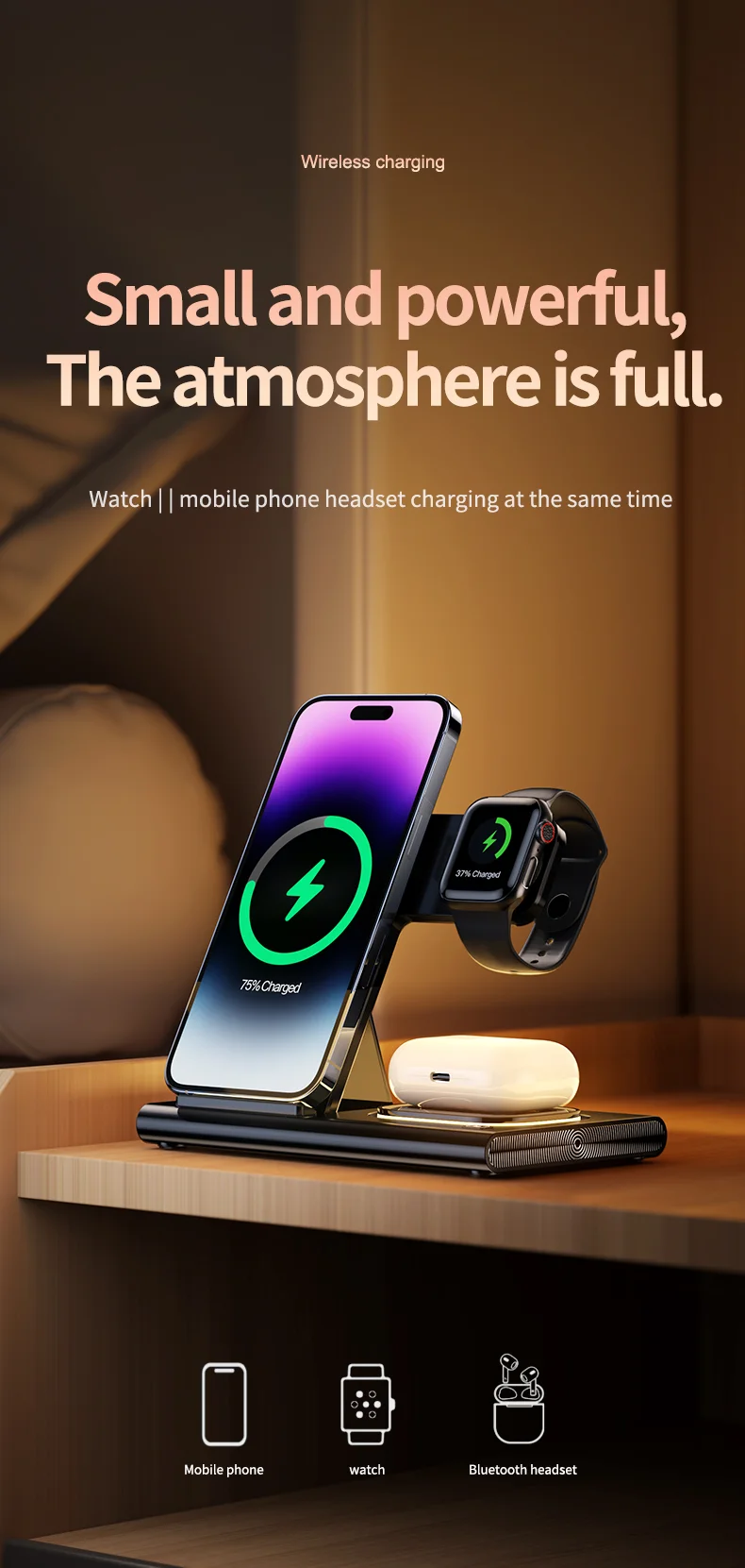 JJT-A80 3-in-1 Bureau de Bureau Pliable Chargeur Sans Fil Téléphone Regard de Recharge Des Écouteurs Avec Lumière Nocturne - Blanc 1