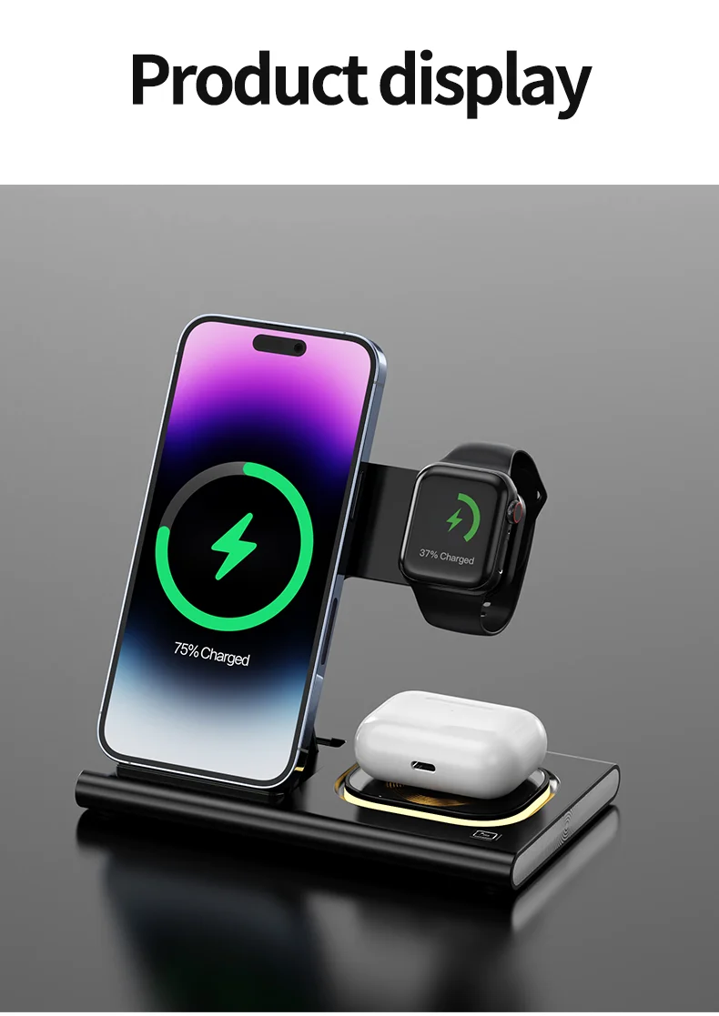 JJT-A80 3-in-1 Bureau de Bureau Pliable Chargeur Sans Fil Téléphone Regard de Recharge Des Écouteurs Avec Lumière Nocturne - Blanc 15