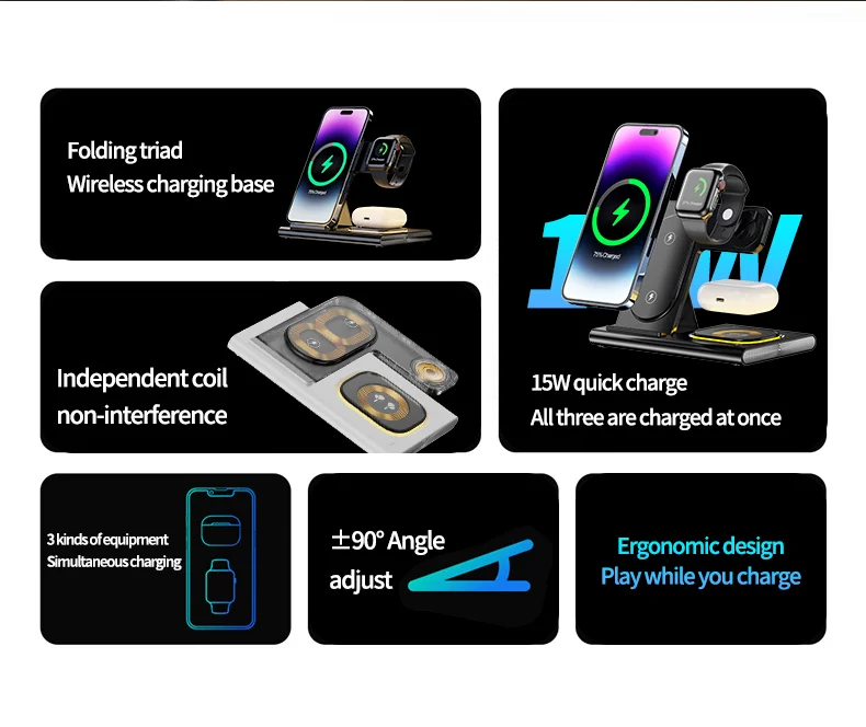 JJT-A80 3-in-1 Bureau de Bureau Pliable Chargeur Sans Fil Téléphone Regard de Recharge Des Écouteurs Avec Lumière Nocturne - Blanc 2