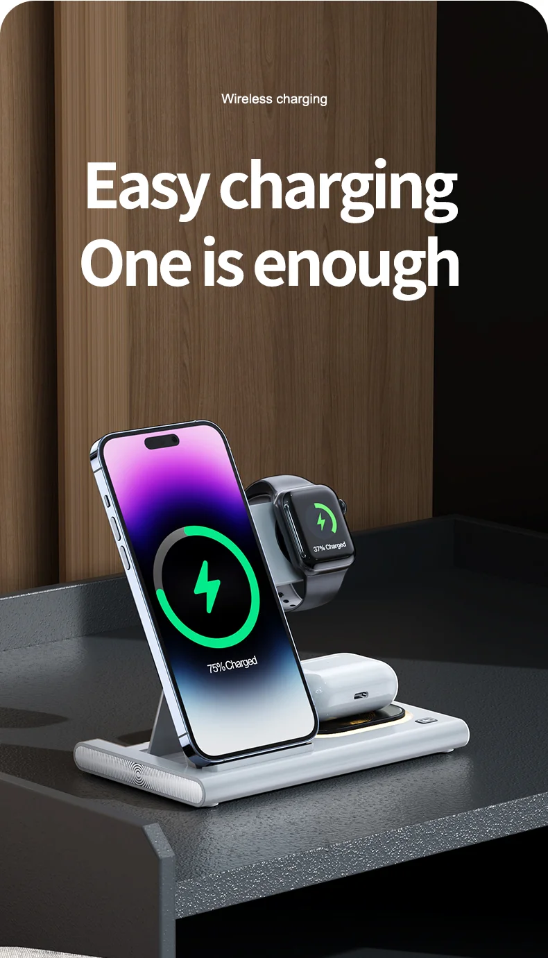 JJT-A80 3-in-1 Bureau de Bureau Pliable Chargeur Sans Fil Téléphone Regard de Recharge Des Écouteurs Avec Lumière Nocturne - Blanc 3