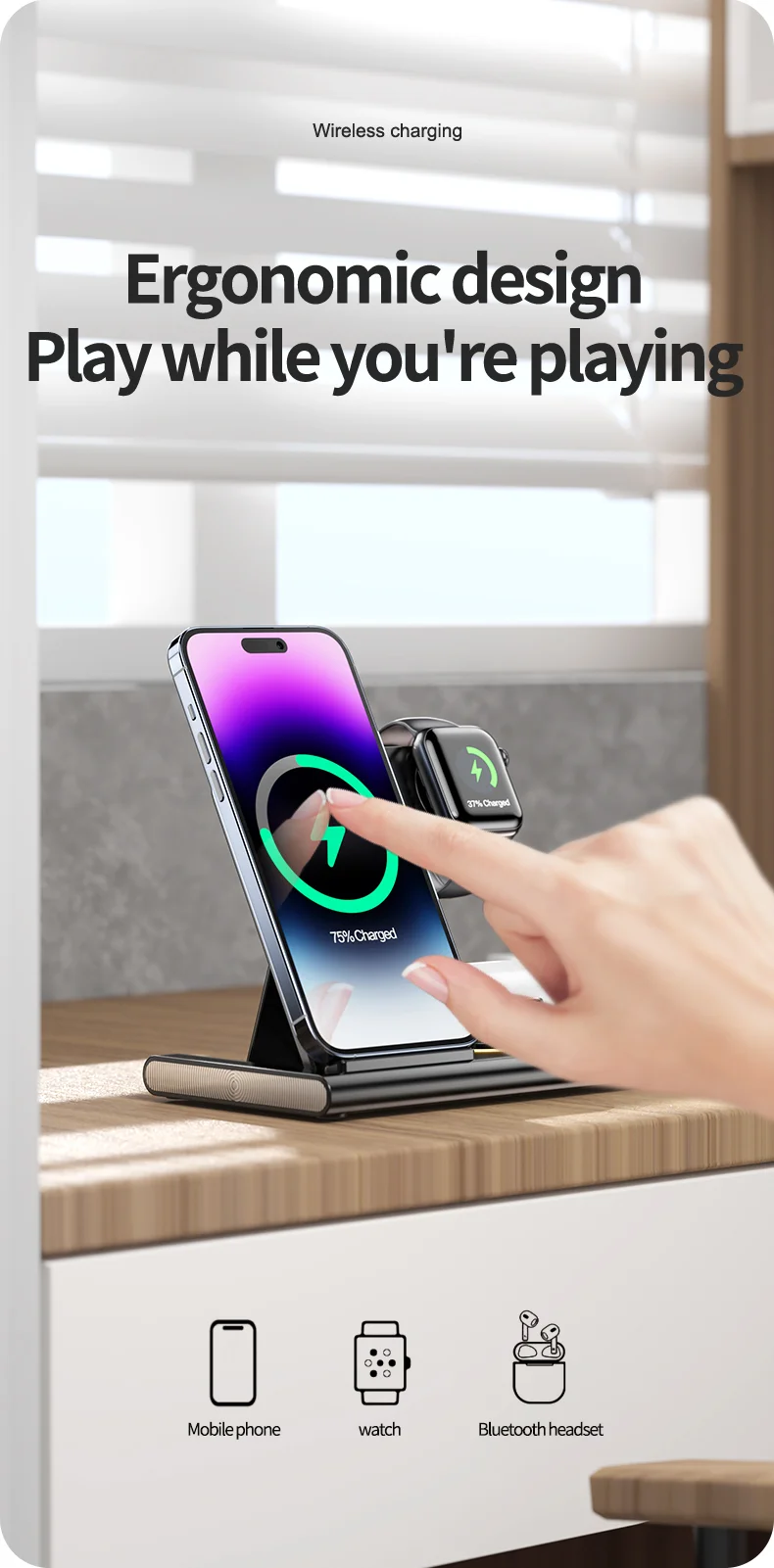 JJT-A80 3-in-1 Bureau de Bureau Pliable Chargeur Sans Fil Téléphone Regard de Recharge Des Écouteurs Avec Lumière Nocturne - Blanc 6