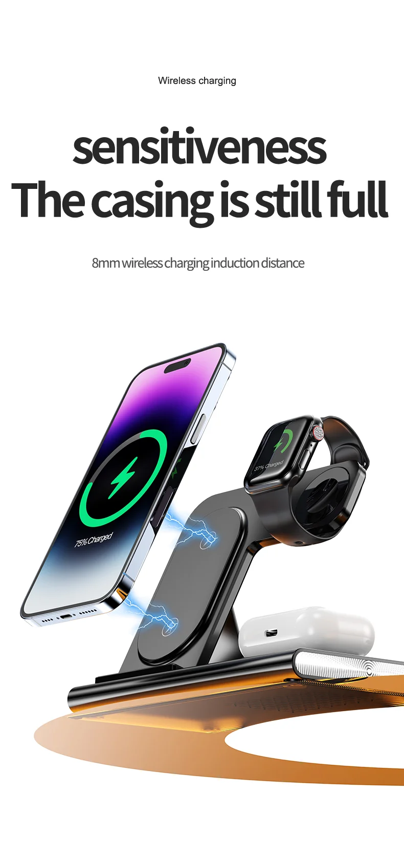 JJT-A80 3-in-1 Bureau de Bureau Pliable Chargeur Sans Fil Téléphone Regard de Recharge Des Écouteurs Avec Lumière Nocturne - Blanc 7