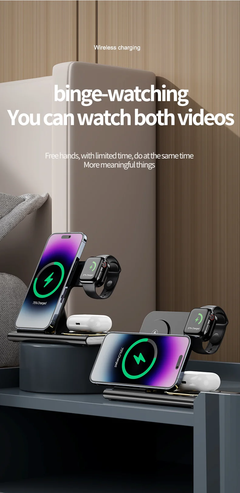 JJT-A80 3-in-1 Bureau de Bureau Pliable Chargeur Sans Fil Téléphone Regard de Recharge Des Écouteurs Avec Lumière Nocturne - Blanc 8