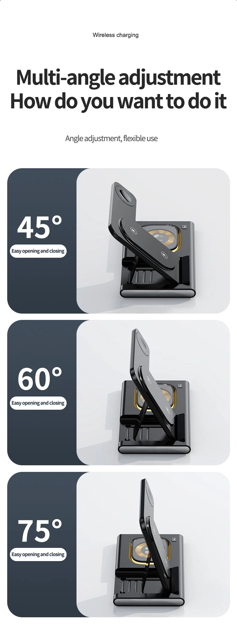 JJT-A80 3-in-1 Bureau de Bureau Pliable Chargeur Sans Fil Téléphone Regard de Recharge Des Écouteurs Avec Lumière Nocturne - Blanc 9
