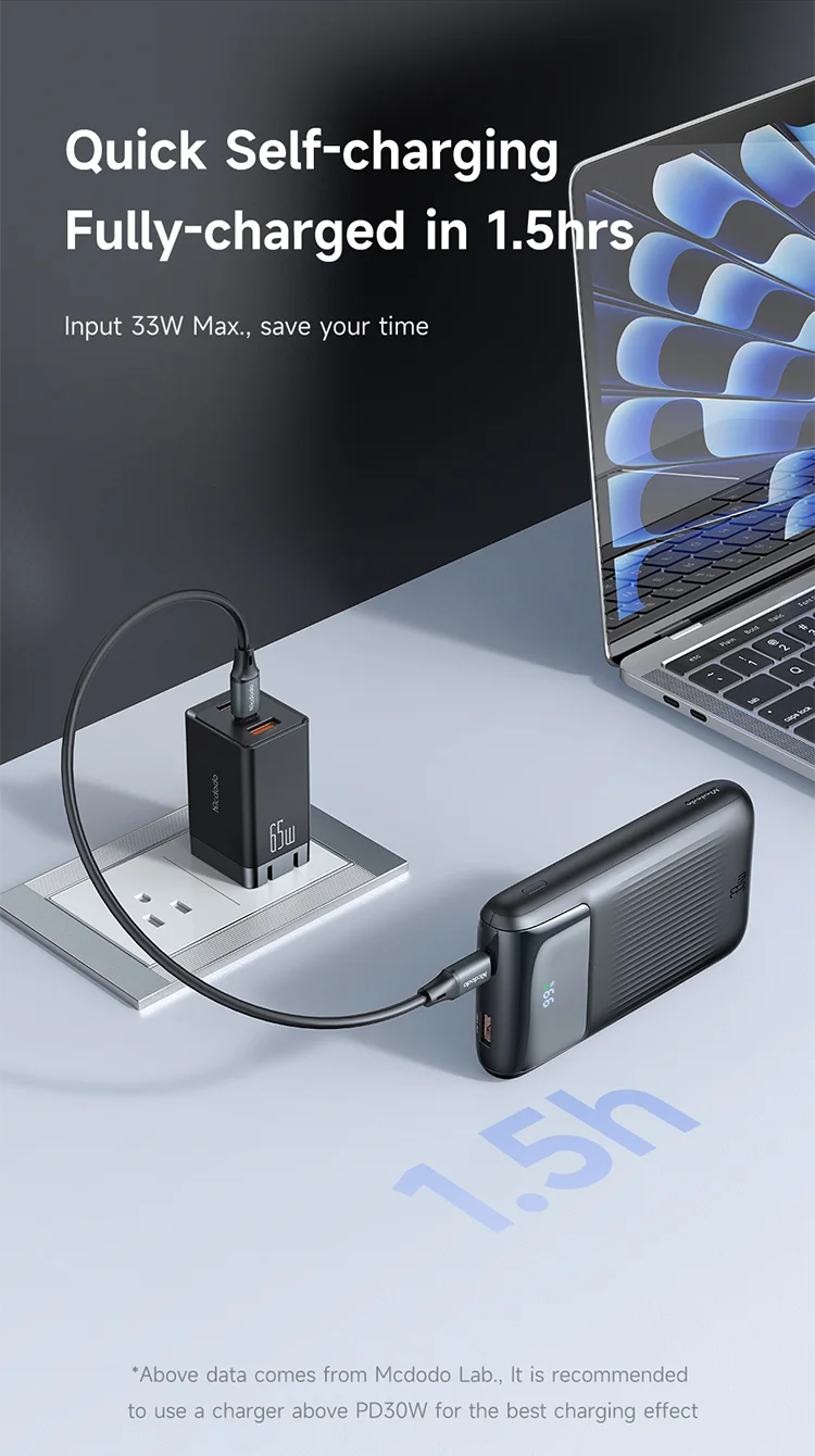 MCDODO MC-0231 Youth Series 33W 10000mAh Digital Display Power Bank Built-In Type-C + 8Pin Cable Phone Charger - Black 15