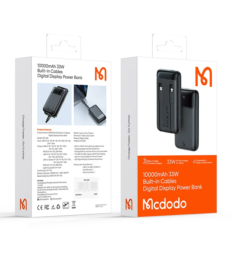 MCDODO MC-0231 Youth Series 33W 10000mAh Digital Display Power Bank Built-In Type-C + 8Pin Cable Phone Charger - Black 22