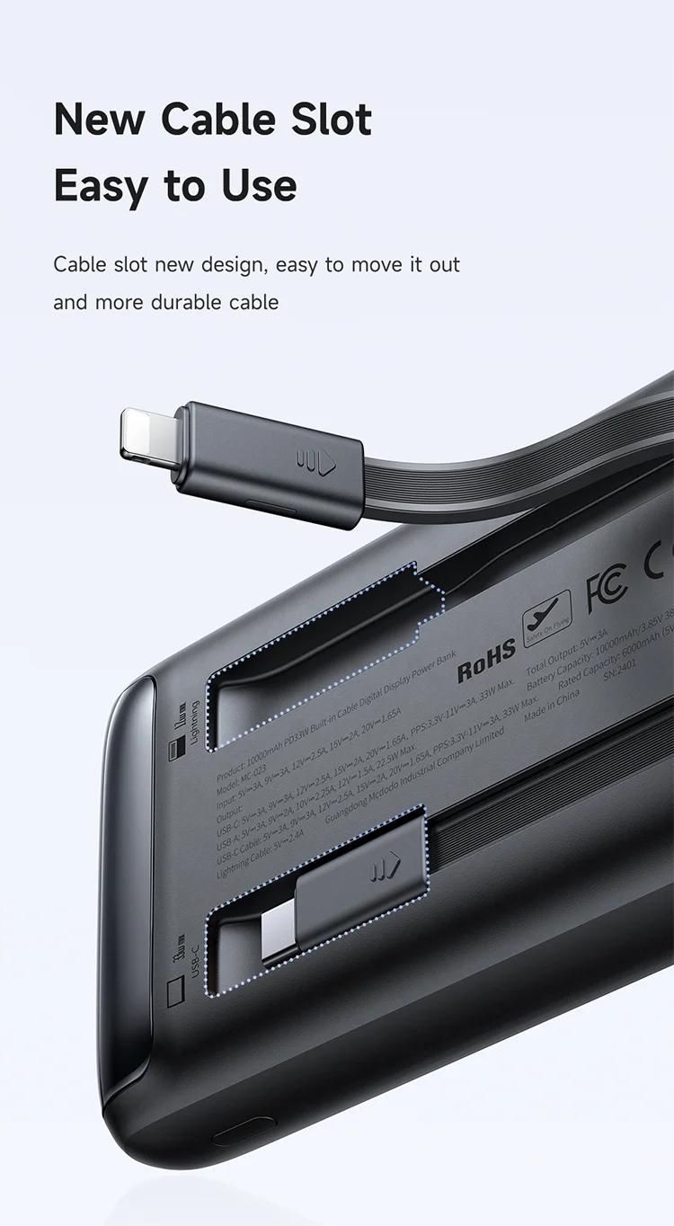 MCDODO MC-0231 Youth Series 33W 10000mAh Digital Display Power Bank Built-In Type-C + 8Pin Cable Phone Charger - Black 9