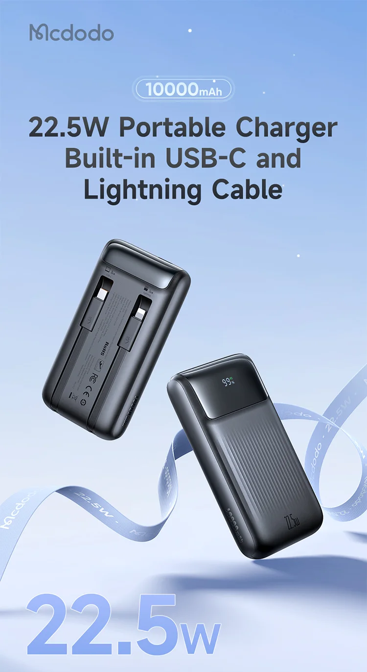 MCDODO MC-0241 Youth Series 22.5W 10000mAh Digital Display Power Bank Built-In Type-C + 8Pin Cable Phone Charger - Black 1