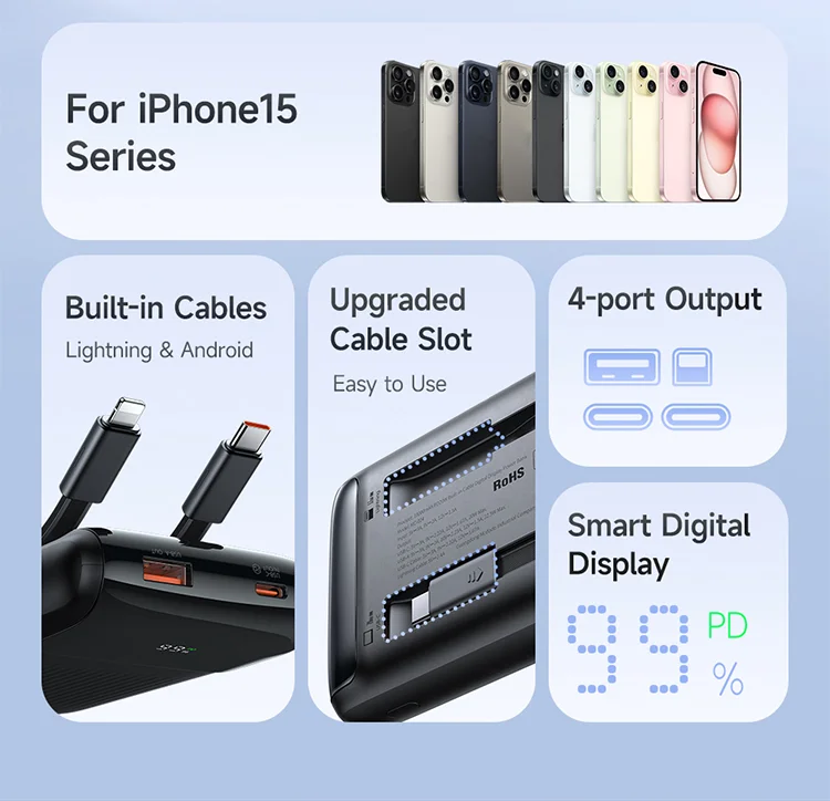 MCDODO MC-0241 Youth Series 22.5W 10000mAh Digital Display Power Bank Built-In Type-C + 8Pin Cable Phone Charger - Black 2