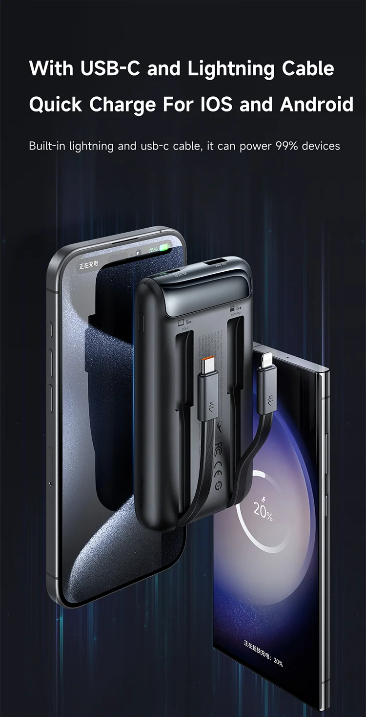 MCDODO MC-0241 Youth Series 22.5W 10000mAh Digital Display Power Bank Built-In Type-C + 8Pin Cable Phone Charger - Black 3