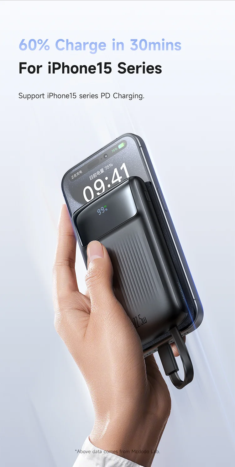 MCDODO MC-0241 Youth Series 22.5W 10000mAh Digital Display Power Bank Built-In Type-C + 8Pin Cable Phone Charger - Black 5