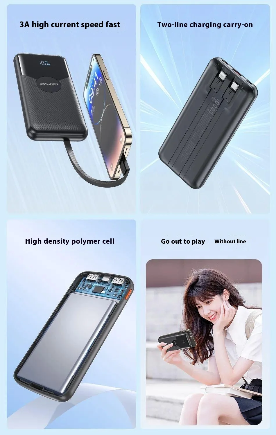 AWEI P65K 10000mah Display Display Display Poctino Portable Laptop With Type-c+ IP Cables - Black 2