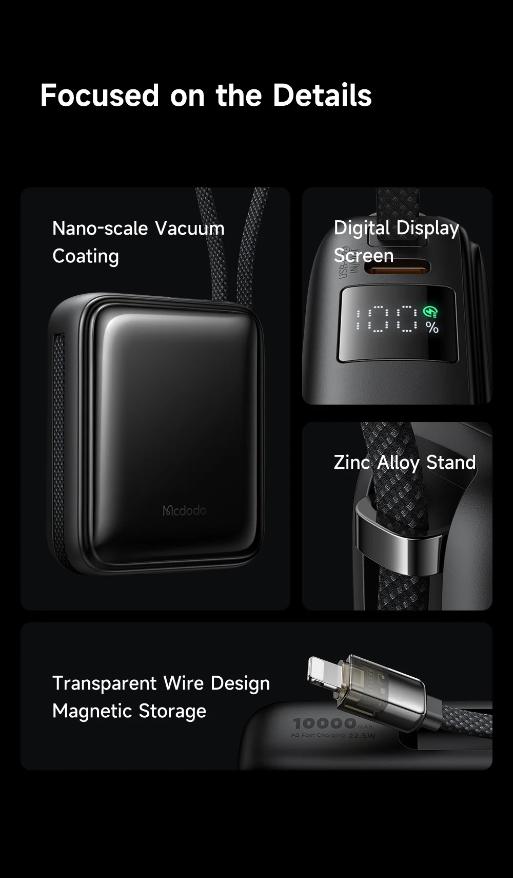 MCDODO MC-255 Freekit 10000mAh Mini Power Bank Portable Phone Charger with Built-In Cables 22.5W Fast Charging 10