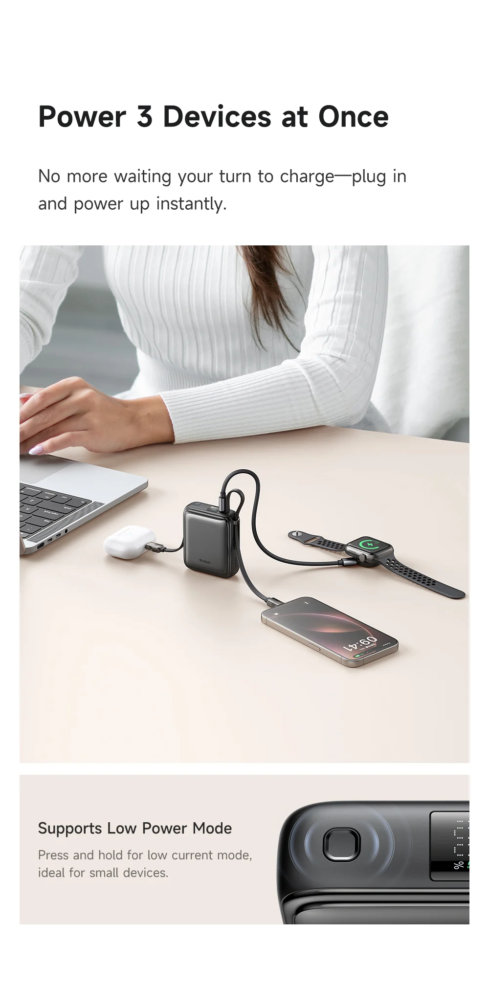 MCDODO MC-255 Freekit 10000mAh Mini Power Bank Portable Phone Charger with Built-In Cables 22.5W Fast Charging 11