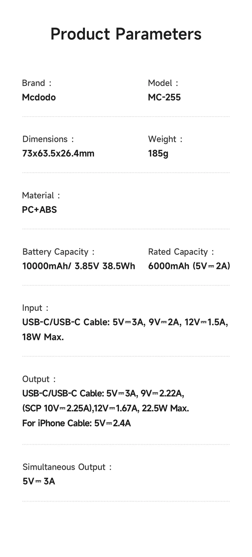 MCDODO MC-255 Freekit 10000mAh Mini Power Bank Portable Phone Charger with Built-In Cables 22.5W Fast Charging 12