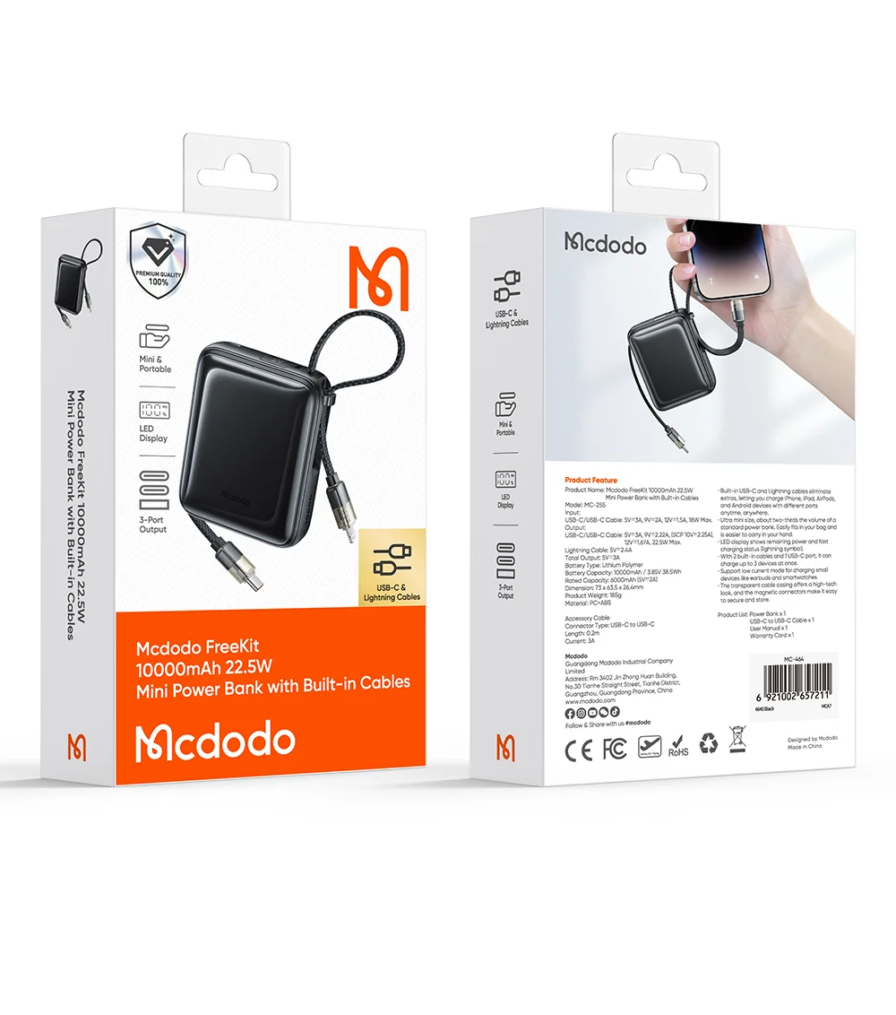 MCDODO MC-255 Freekit 10000mAh Mini Power Bank Portable Phone Charger with Built-In Cables 22.5W Fast Charging 13