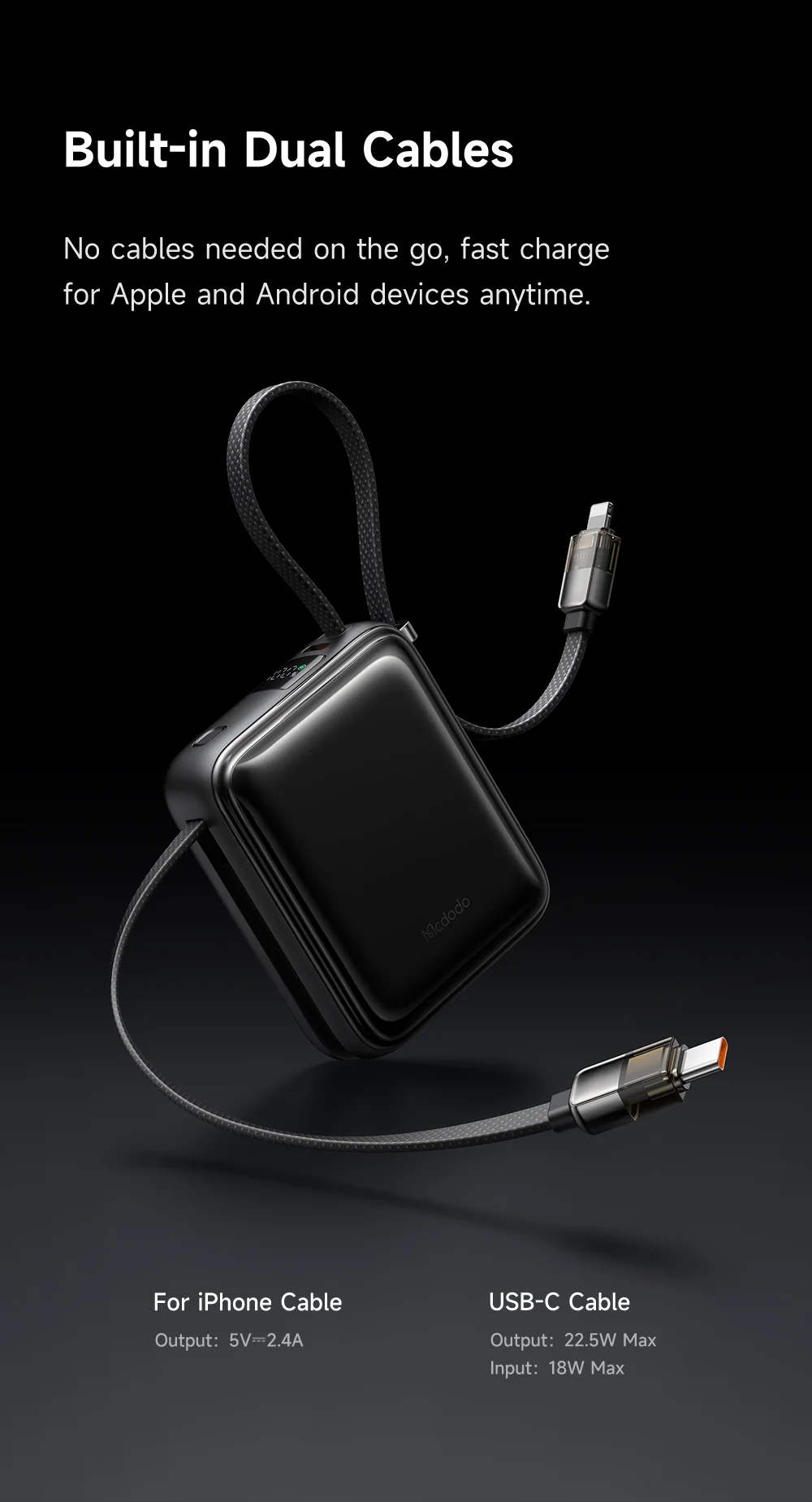 MCDODO MC-255 Freekit 10000mAh Mini Power Bank Portable Phone Charger with Built-In Cables 22.5W Fast Charging 5