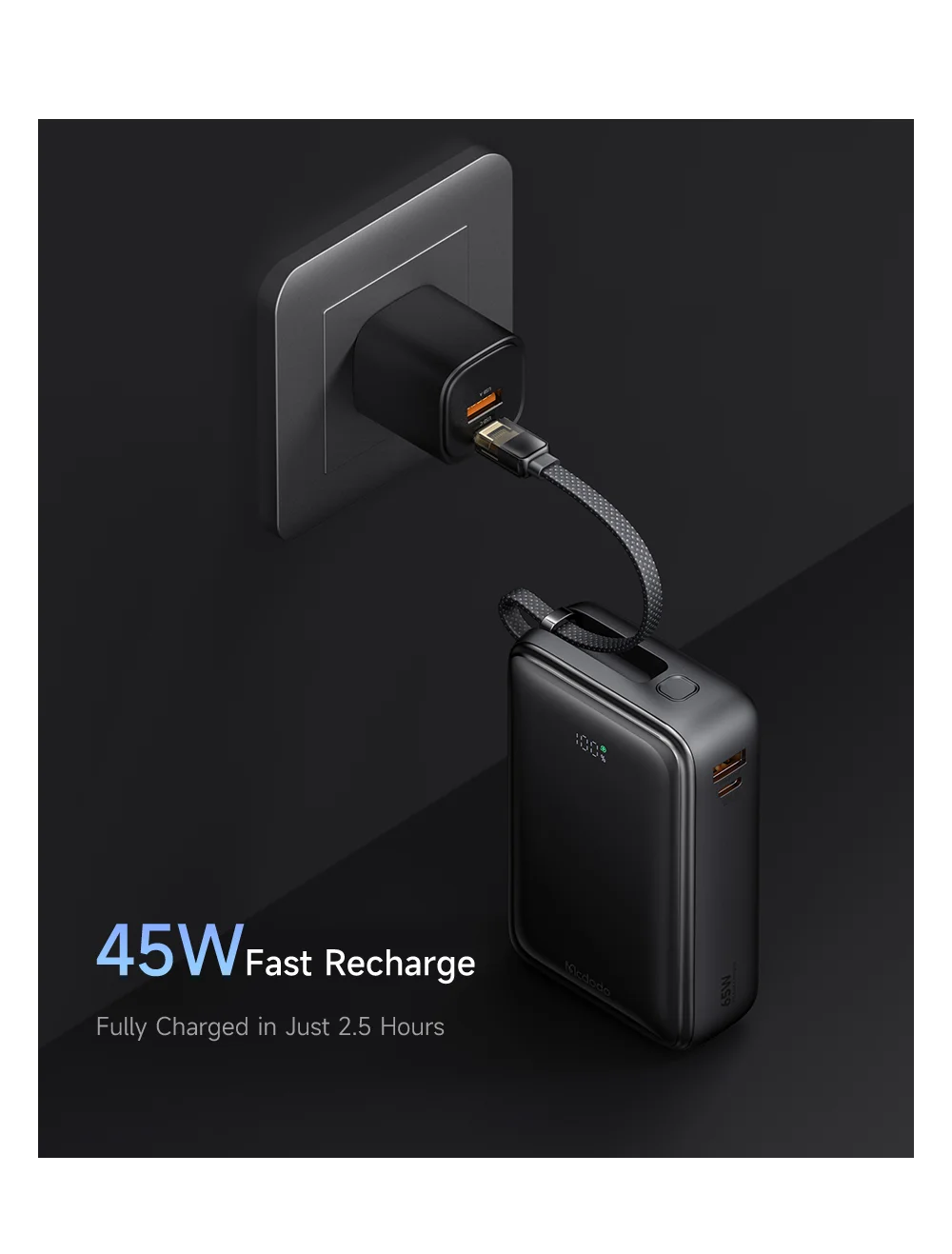 MCDODO MC-6370 MDD Freekit Series USB-C Cable Power Bank 20000mAh Digital Display 65W USB-A + USB-C Ports Phone Charger - Black 10