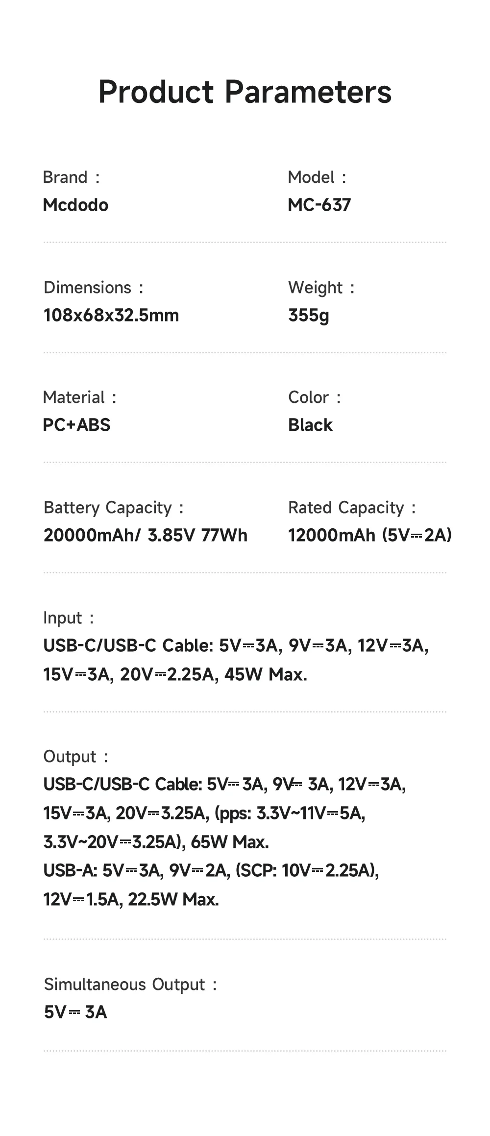 MCDODO MC-6370 MDD Freekit Series USB-C Cable Power Bank 20000mAh Digital Display 65W USB-A + USB-C Ports Phone Charger - Black 14