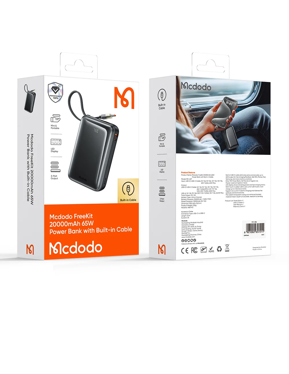 MCDODO MC-6370 MDD Freekit Series USB-C Cable Power Bank 20000mAh Digital Display 65W USB-A + USB-C Ports Phone Charger - Black 15