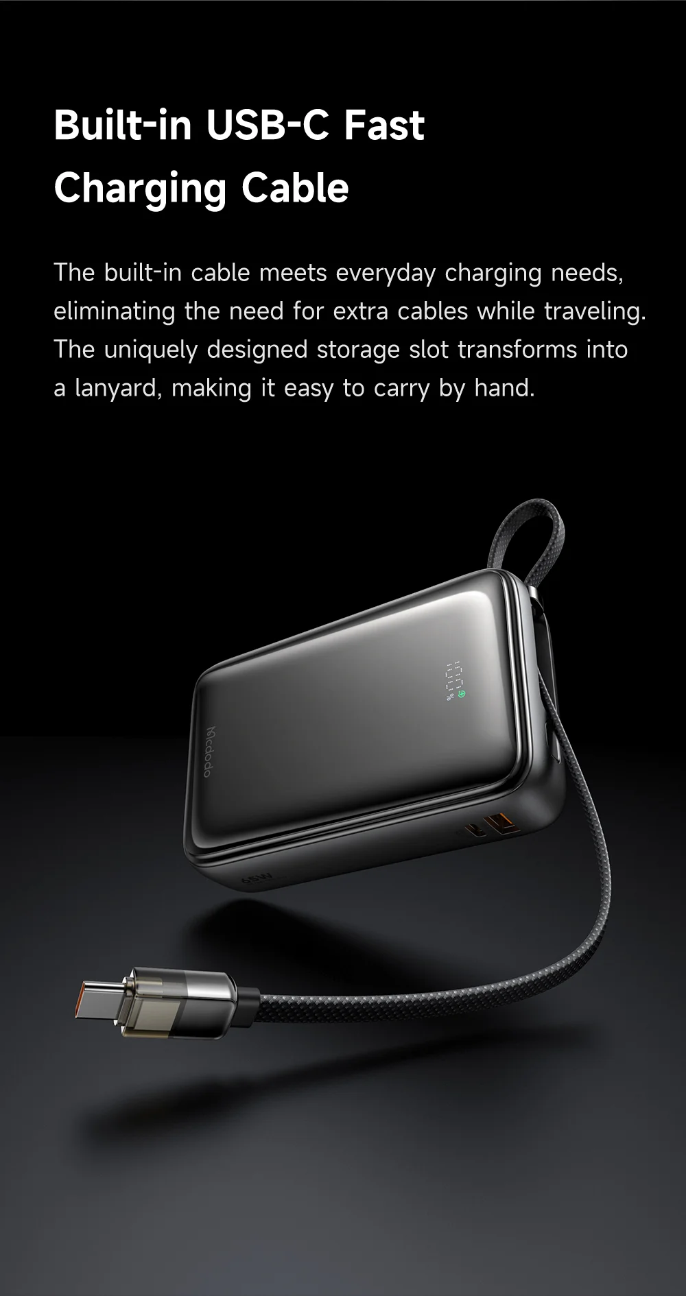 MCDODO MC-6370 MDD Freekit Series USB-C Cable Power Bank 20000mAh Digital Display 65W USB-A + USB-C Ports Phone Charger - Black 4