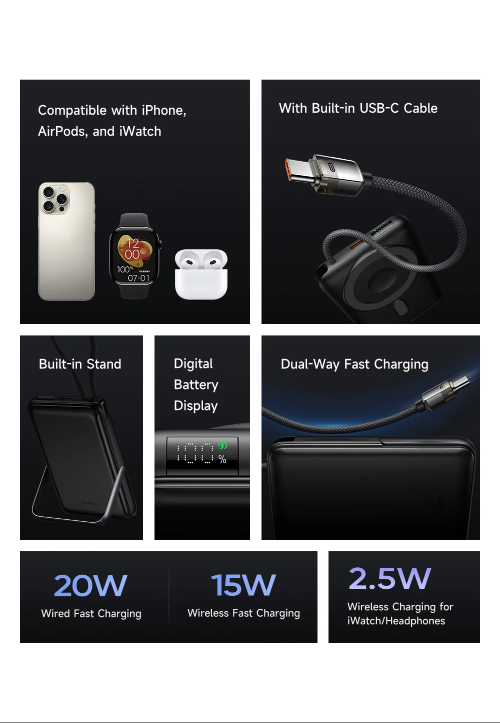 MCDODO MC-6320 MDD Freekit Series USB-C Cable 10000mAh Power Bank for Apple Watch AirPods Phone Magnetic Wireless Charging Stand 2