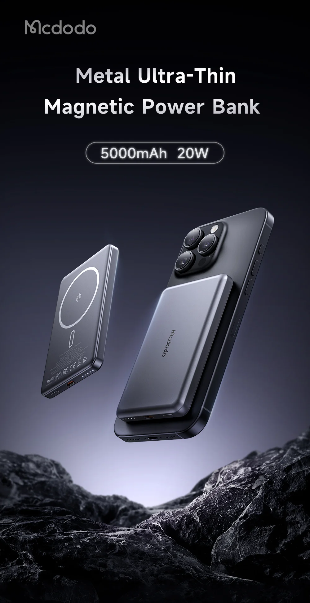 MCDODO MC-4641 5000mAh Metal Ultra-Thin Magnetic Wireless Power Bank 20W Fast Charging USB-C Input / Output 1