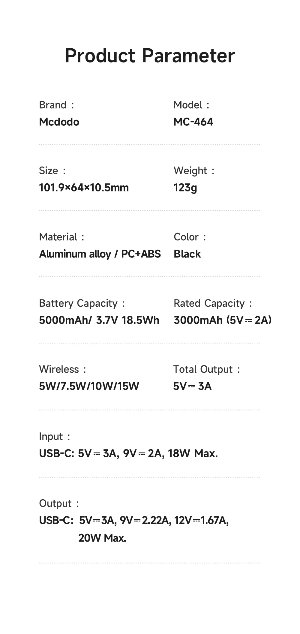 MCDODO MC-4641 5000mAh Metal Ultra-Thin Magnetic Wireless Power Bank 20W Fast Charging USB-C Input / Output 16