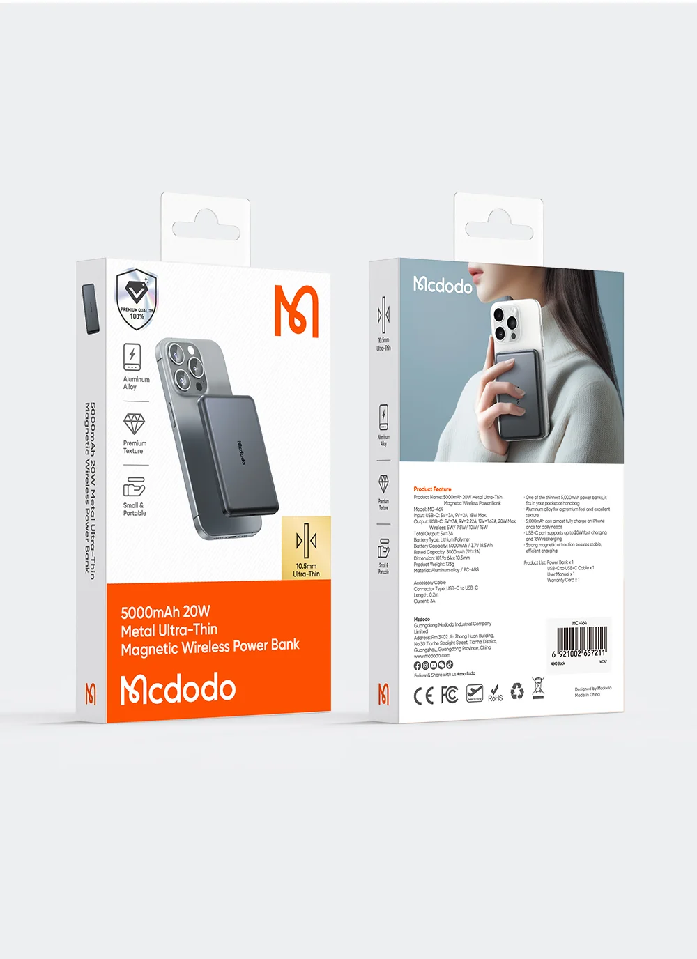 MCDODO MC-4641 5000mAh Metal Ultra-Thin Magnetic Wireless Power Bank 20W Fast Charging USB-C Input / Output 17