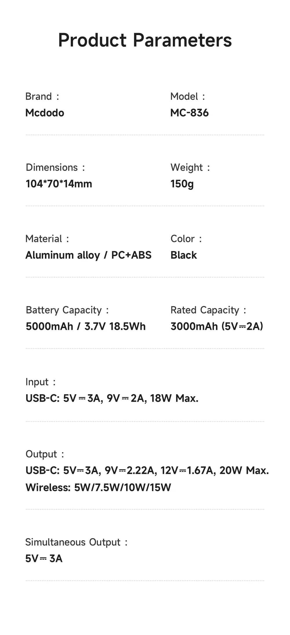 MCDODO MC-836 5000mAh Metal Ultra Thin Magnetic Power Bank 20W Fast Charging Portable Wireless Charger 15