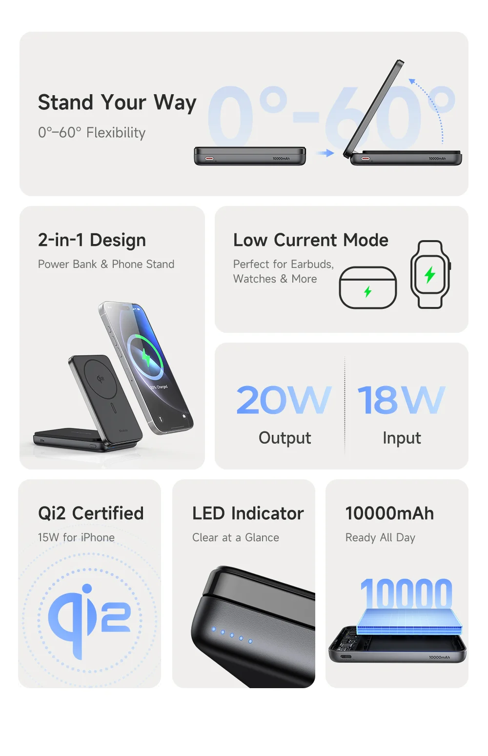 MCDODO MC-631 2 in 1 Qi2 Magnetic Power Bank Foldable Phone Stand 15W Wireless Charging Dock with USB C Output 2