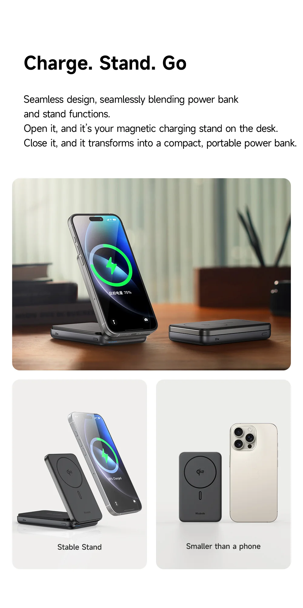 MCDODO MC-631 2 in 1 Qi2 Magnetic Power Bank Foldable Phone Stand 15W Wireless Charging Dock with USB C Output 4