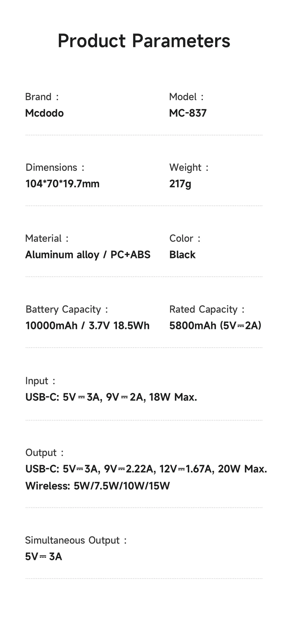MCDODO MC-837 10000mAh 20W Metal Ultra Thin Magnetic Power Bank Wireless Charging Phone Charger 15