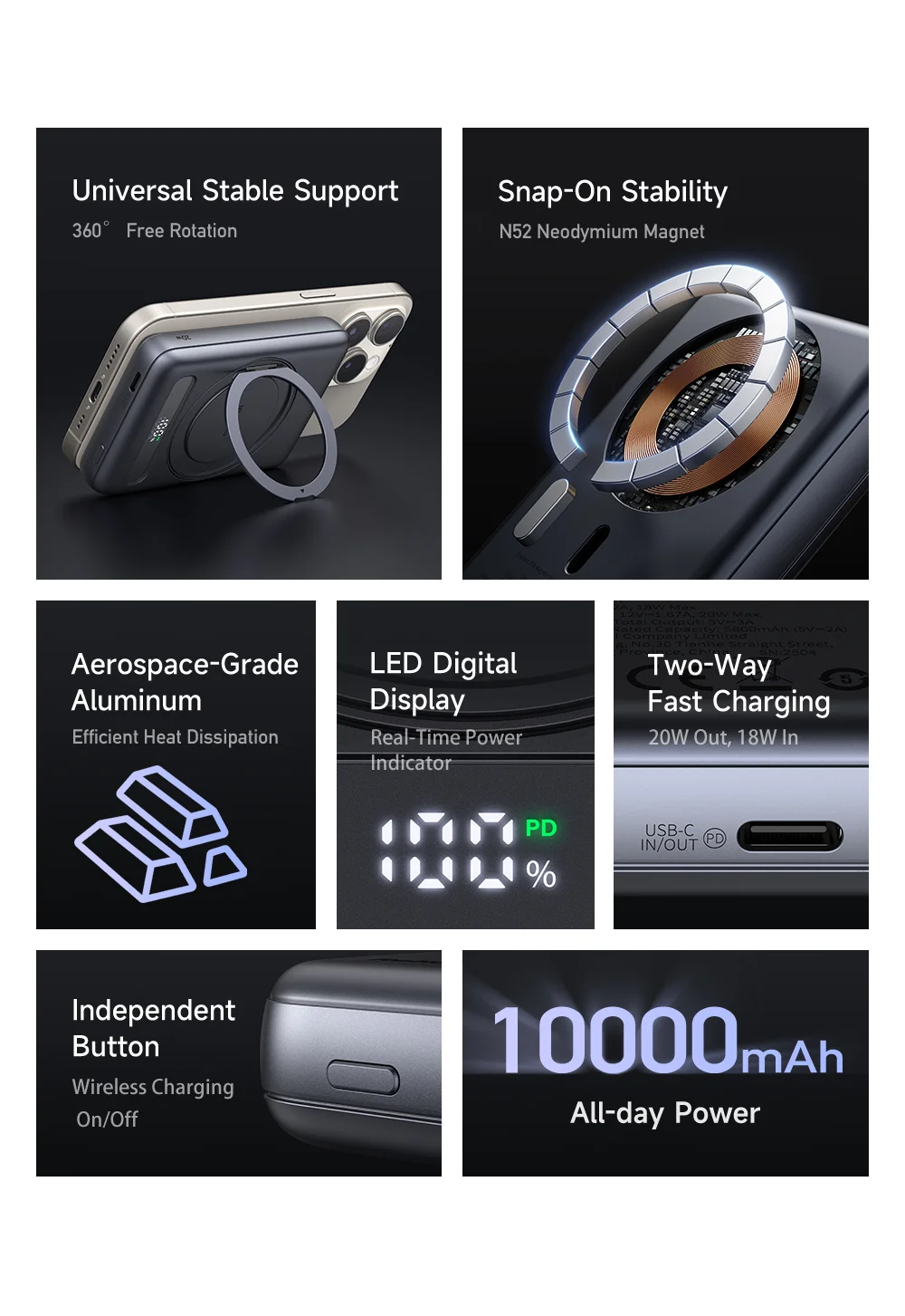 MCDODO MC-837 10000mAh 20W Metal Ultra Thin Magnetic Power Bank Wireless Charging Phone Charger 2