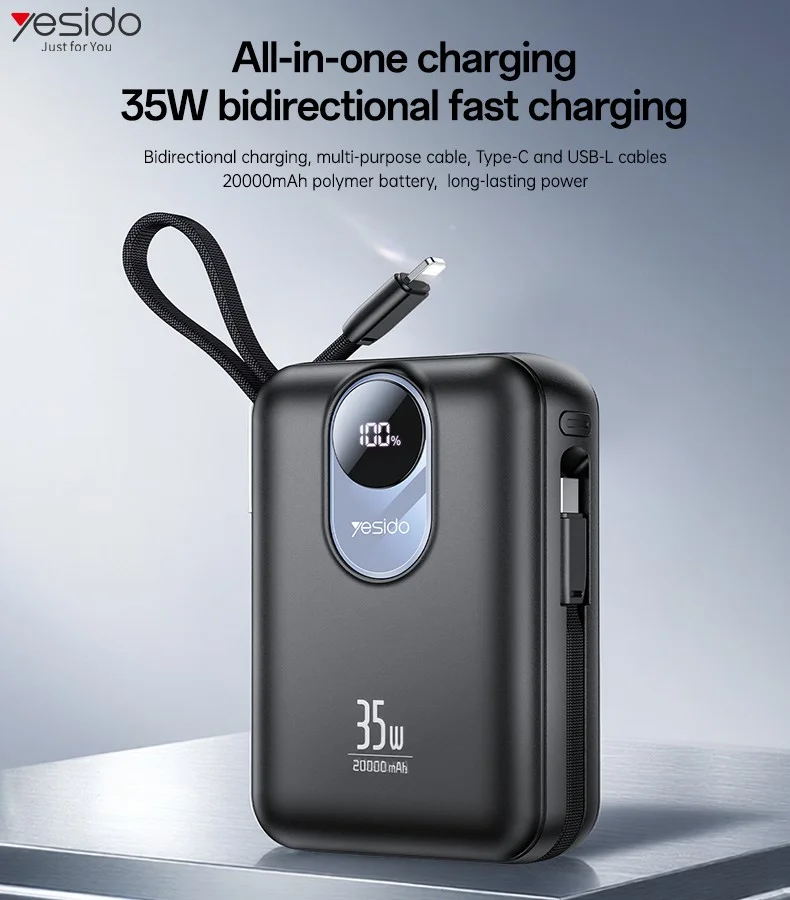 YESIDO YP94 20000mAh Digital Display Portable Charger 35W Fast Charging Power Bank Built-in Type-C + iP Cables 1
